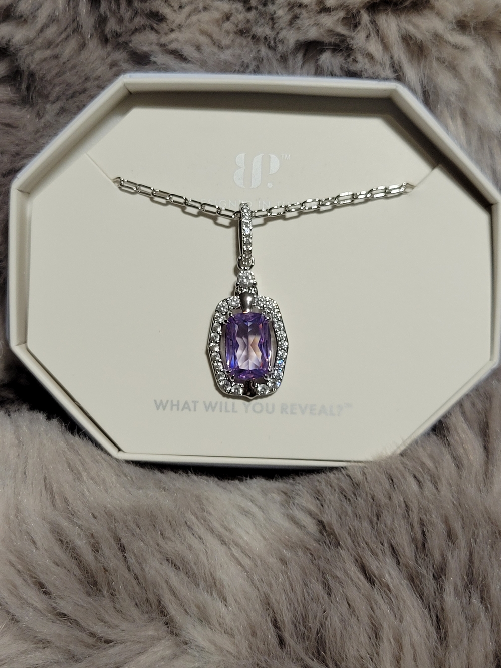 Amethyst-Colored Halo Pendant Necklace in Silver Tone